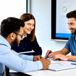 **

"A diverse team collaborating in a bright, modern open-plan office. One person is sketching ideas on a whiteboard, another is reviewing data on a laptop, a third is engaged in a lively discussion with hand gestures, all fully clothed in professional attire. Emphasis on teamwork and varied approaches, natural pose, correct proportions, well-formed hands, proper finger count, safe for work, appropriate content, family-friendly, high quality, professional office environment."

**