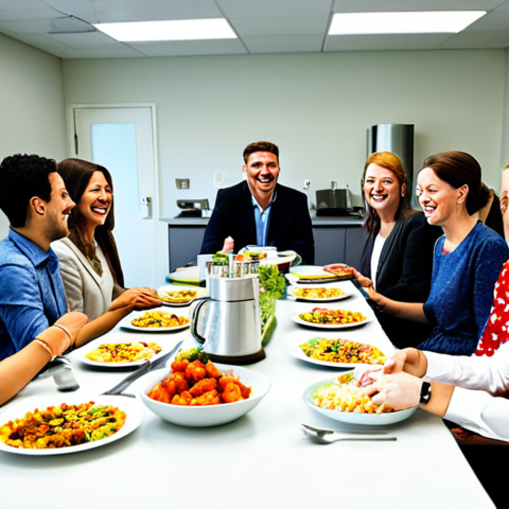 웰니스 사무실을 위한 커뮤니티 활동 - **Prompt:** "A brightly lit, modern office break room featuring colleagues sharing a meal around a l...