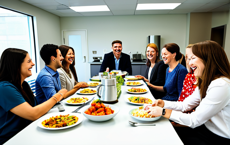 웰니스 사무실을 위한 커뮤니티 활동 - **Prompt:** "A brightly lit, modern office break room featuring colleagues sharing a meal around a l...