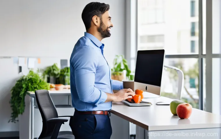 업무 효율성을 높이는 웰니스 팁 - **Prompt Title: Mindful Digital Break at an Ergonomic Desk**

    **Image Prompt:** A young professi...