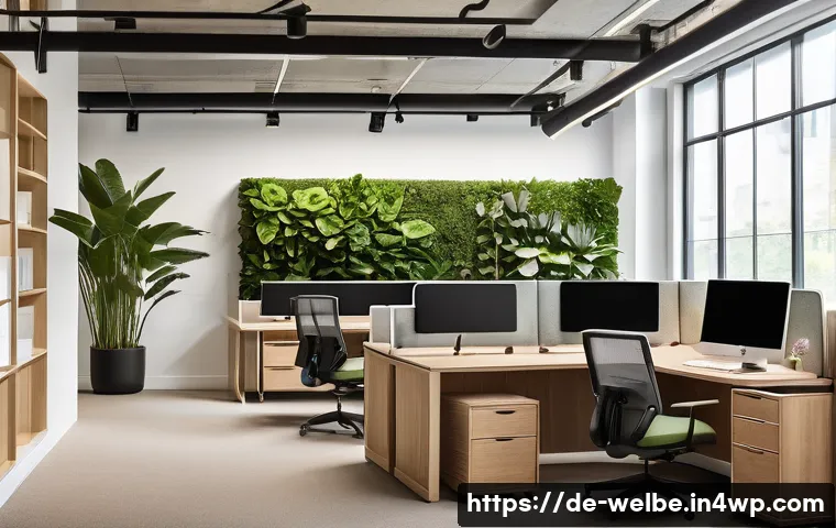 웰니스 사무실을 위한 배치 아이디어 - A modern office workspace bathed in natural daylight from large windows, featuring a sleek standing ...