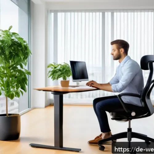 Home 31 사무실 내 건강한 근무 환경 만들기 - A modern German office workspace featuring an ergonomic office chair with adjustable backrest and ar...