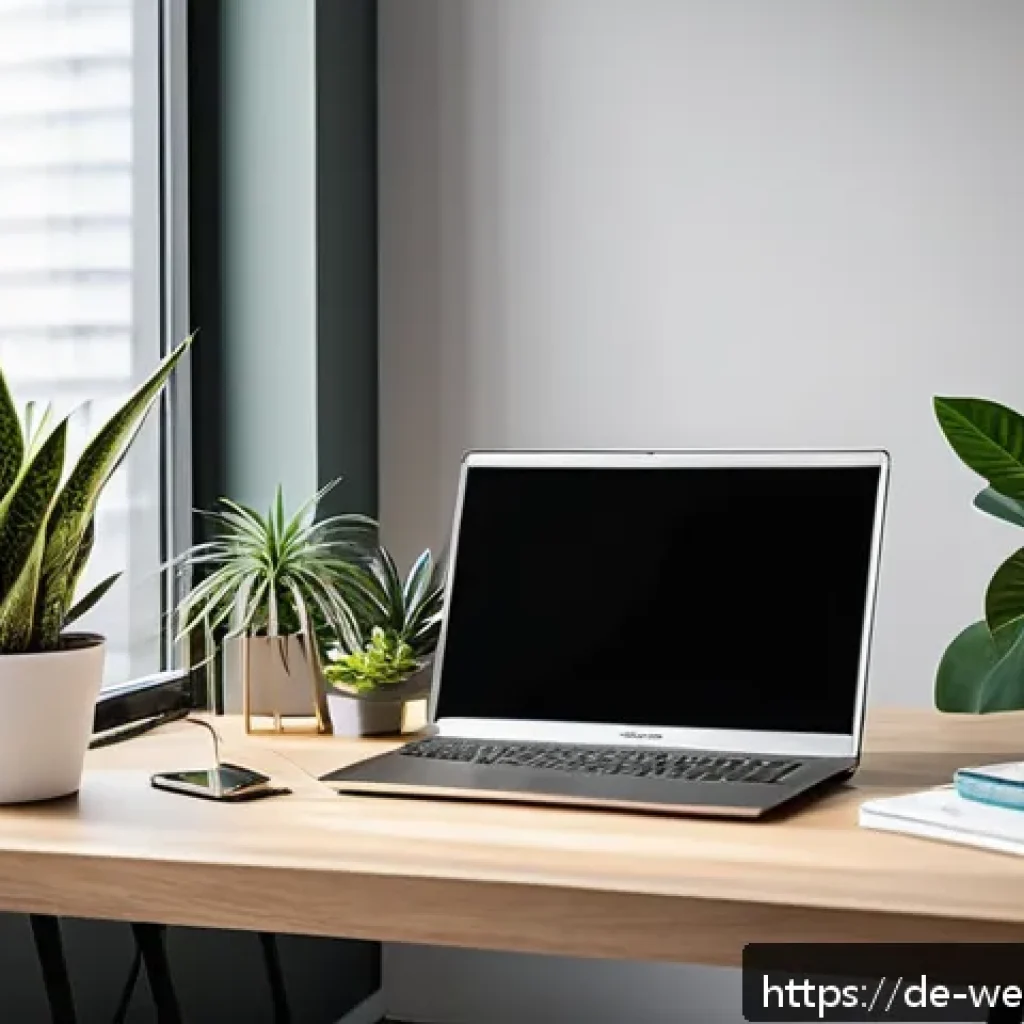 사무실 내 식물 배치의 효과 - A modern German office workspace featuring a sleek desk by a large window with ample natural light, ...