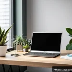 Home 23 사무실 내 식물 배치의 효과 - A modern German office workspace featuring a sleek desk by a large window with ample natural light, ...