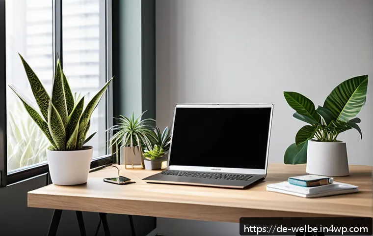 사무실 내 식물 배치의 효과 - A modern German office workspace featuring a sleek desk by a large window with ample natural light, ...