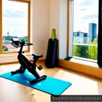 Home 23 사무실 내 소규모 운동 공간 마련하기 - Photorealistic modern German office with a compact wellness corner beside large windows, a yoga mat,...