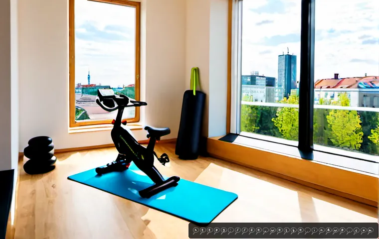 사무실 내 소규모 운동 공간 마련하기 - Photorealistic modern German office with a compact wellness corner beside large windows, a yoga mat,...