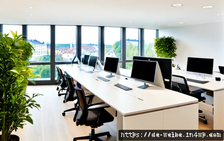 Home 17 사무실 공간 최적화를 위한 웰니스 원칙 - Photorealistic modern German office optimized for employee wellness, bright open-plan workspace with...